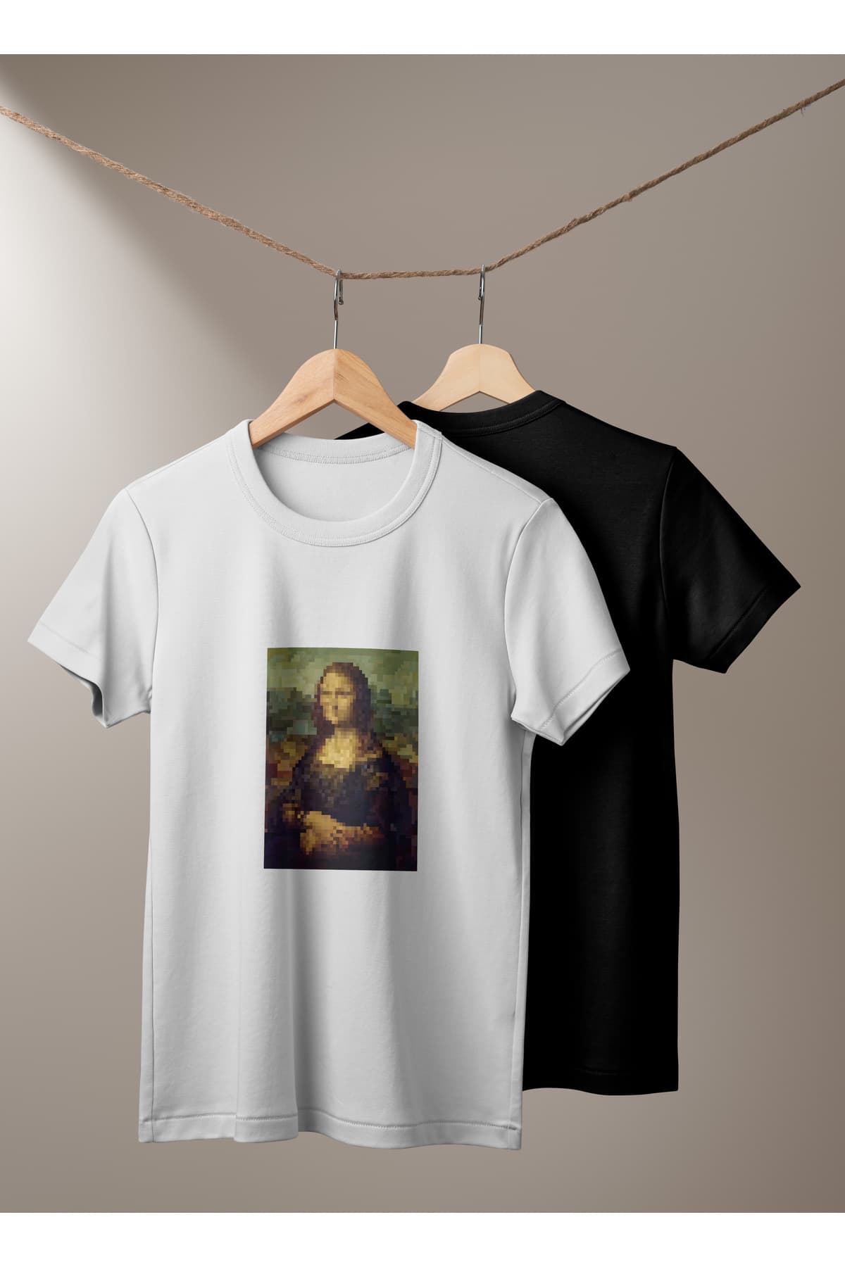 Mona Lisa Piksel Baskılı Basic T-Shirt Unisex %100 Pamuk