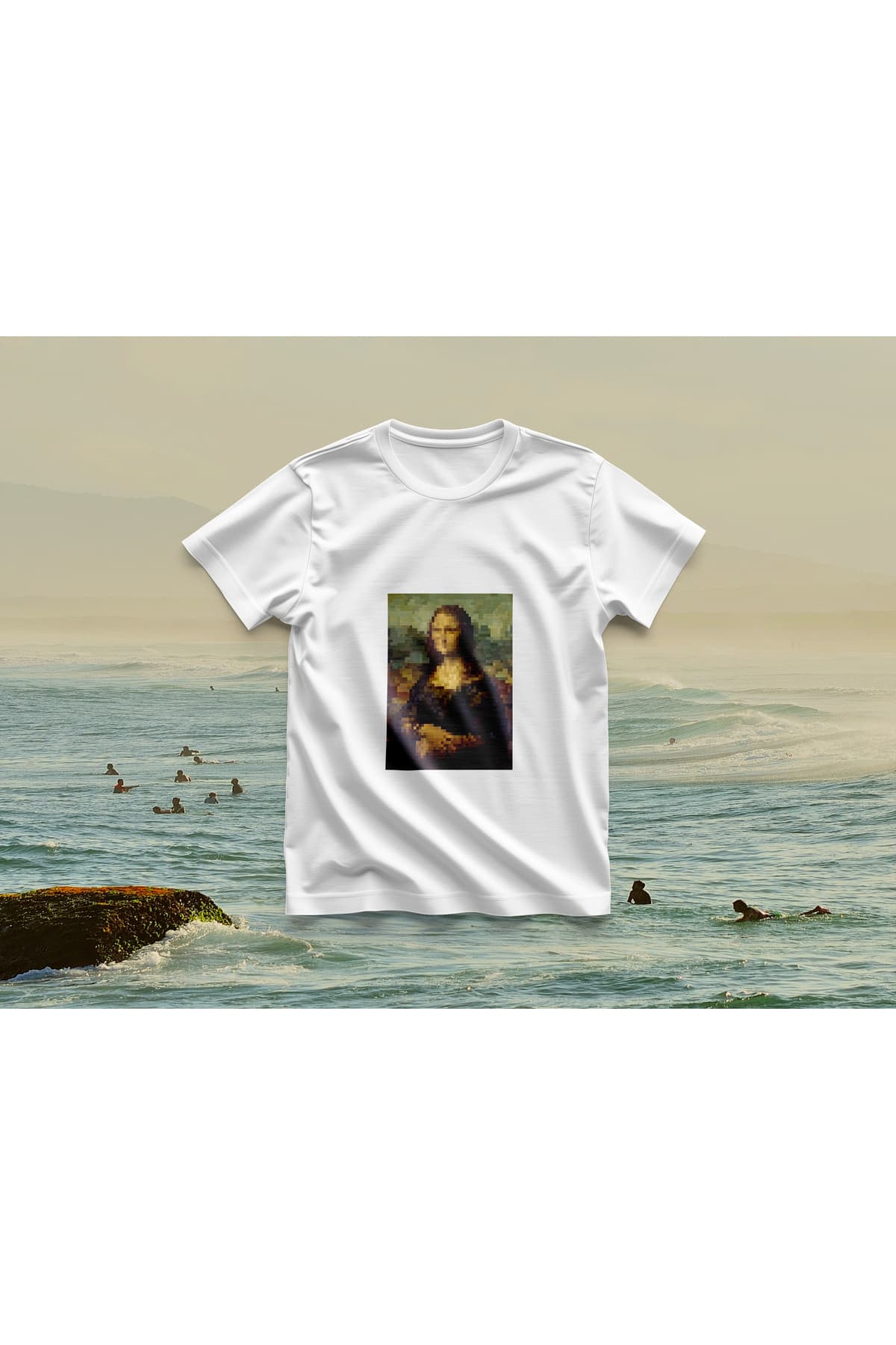 Piksel Mona Lisa Baskılı Oversize T-Shirt Erkek %100 Pamuk