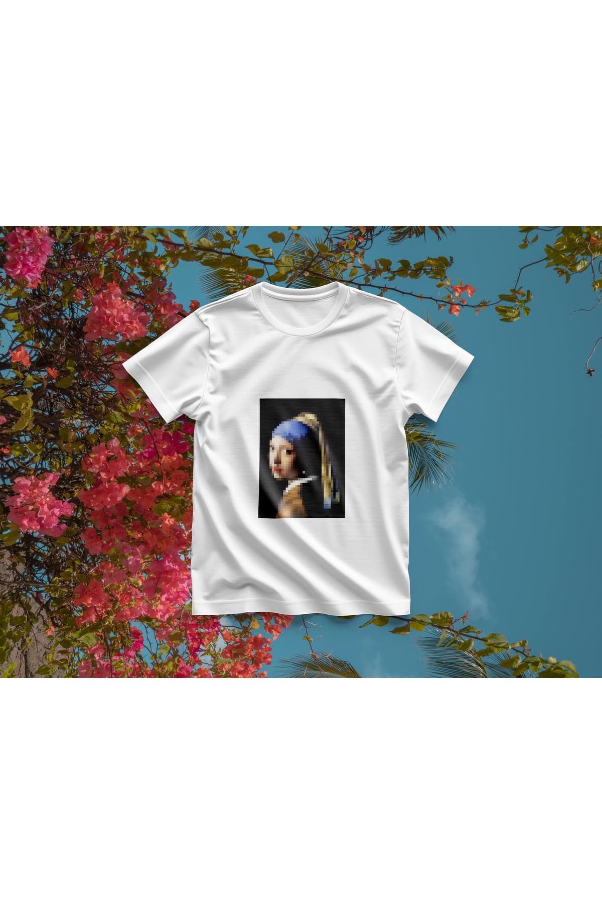 İnci Küpeli Kız Piksel Baskılı Oversize T-Shirt Erkek %100 Pamuk