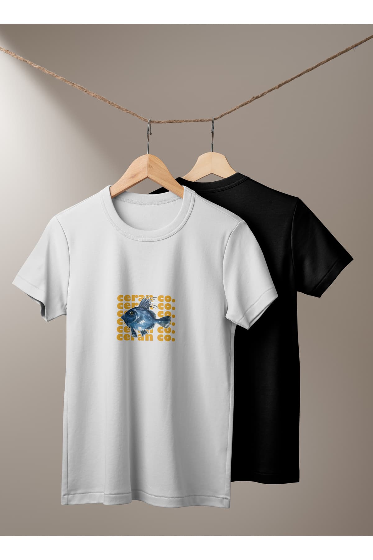 Balık 2 Baskılı Basic T-Shirt Kadın %100 Pamuk