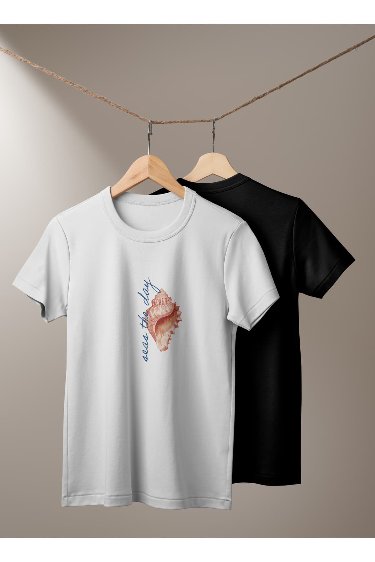 Deniz Kabuğu 2 Baskılı Basic T-Shirt Kadın %100 Pamuk