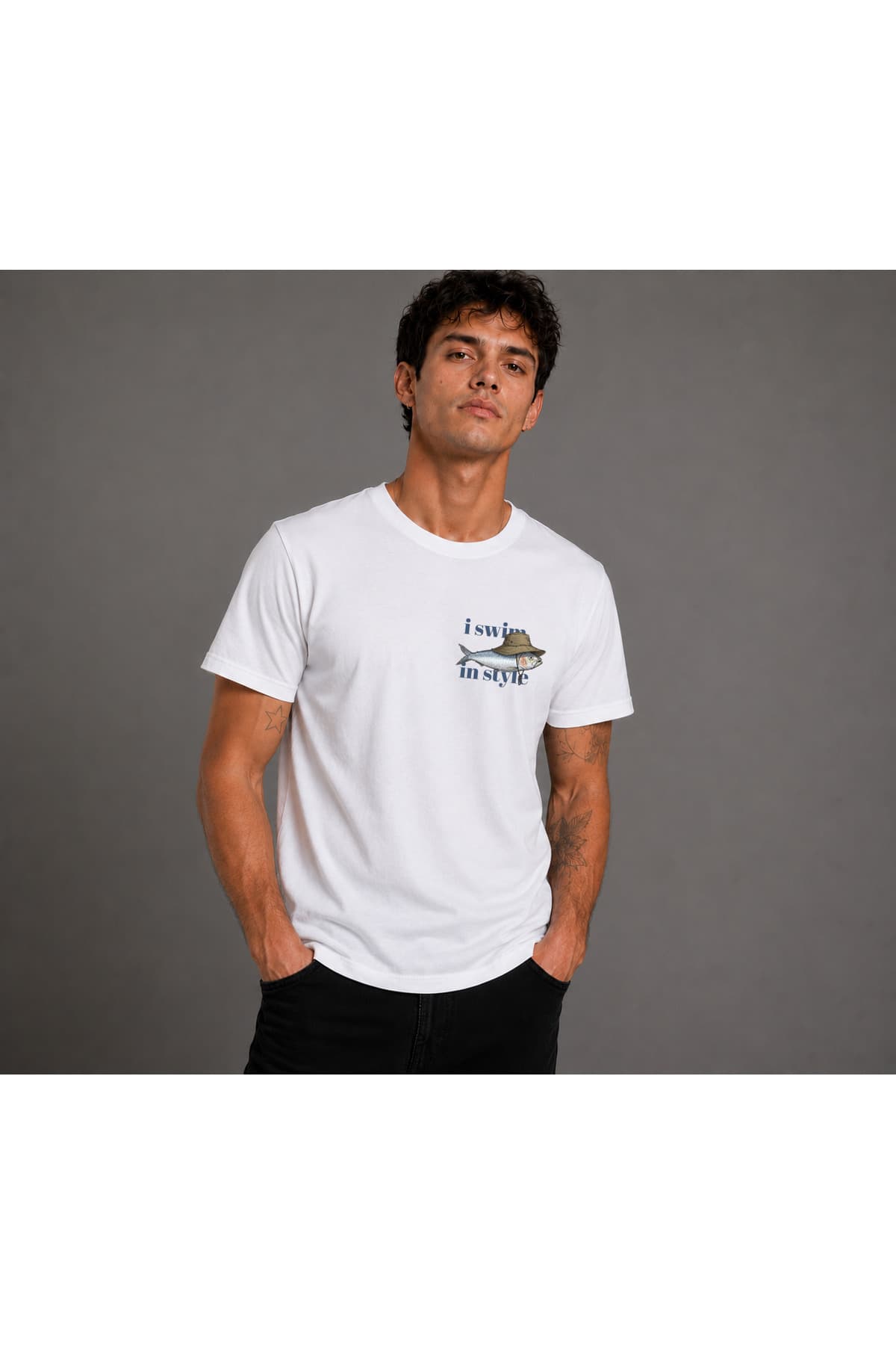 i swim in style Balık Baskılı Basic T-Shirt Erkek %100 Pamuk