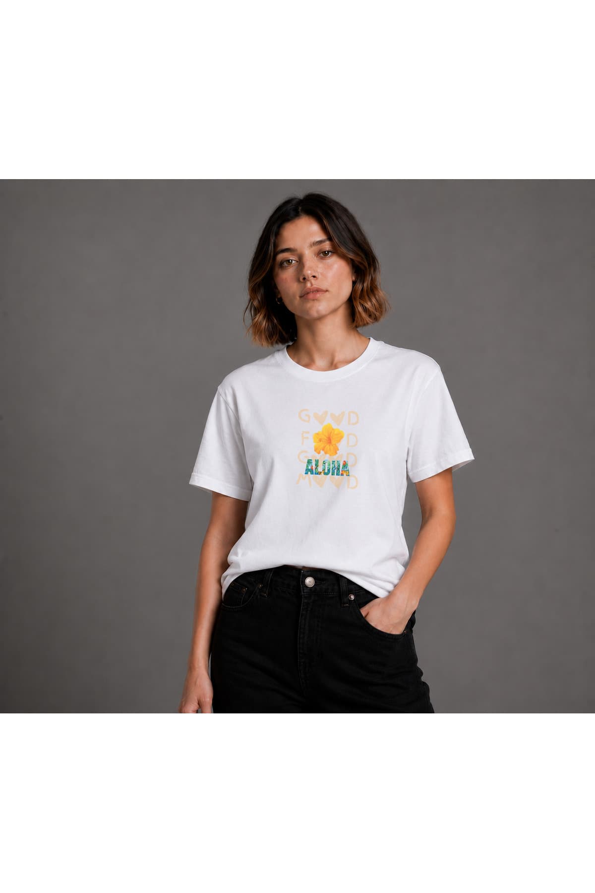 Aloha 2 Baskılı Basic T-Shirt Kadın %100 Pamuk