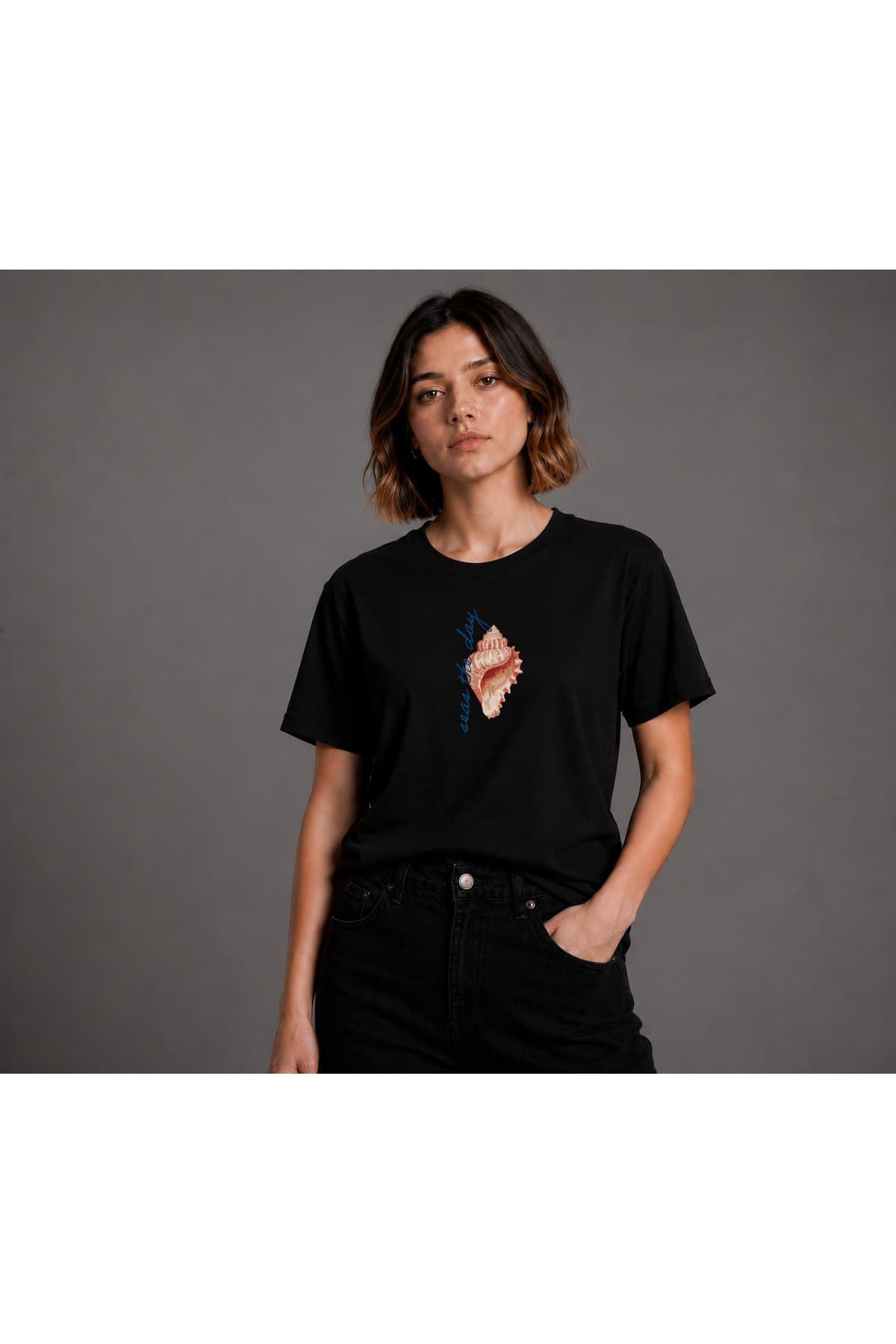 Deniz Kabuğu 2 Baskılı Basic T-Shirt Kadın %100 Pamuk