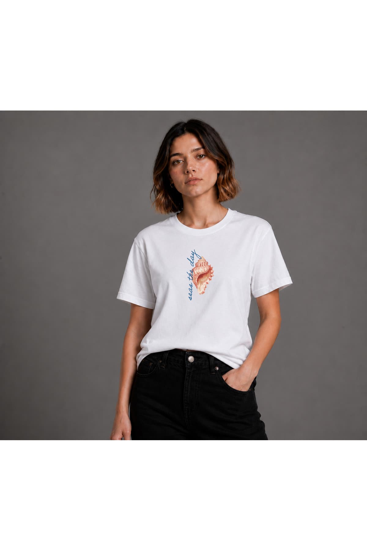 Deniz Kabuğu 2 Baskılı Basic T-Shirt Kadın %100 Pamuk