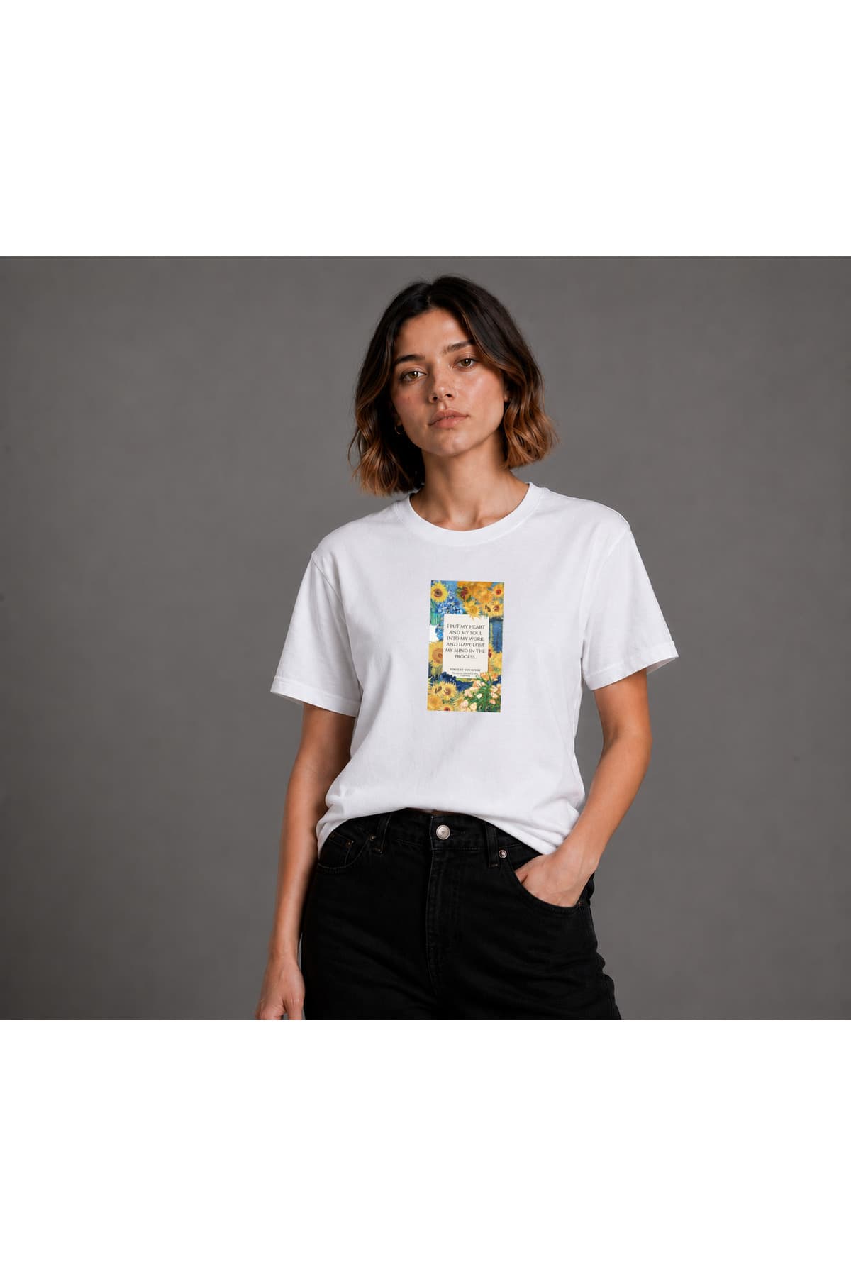 Vincent van Gogh Ayçiçekleri Tablosu Baskılı Basic T-Shirt Kadın %100 Pamuk