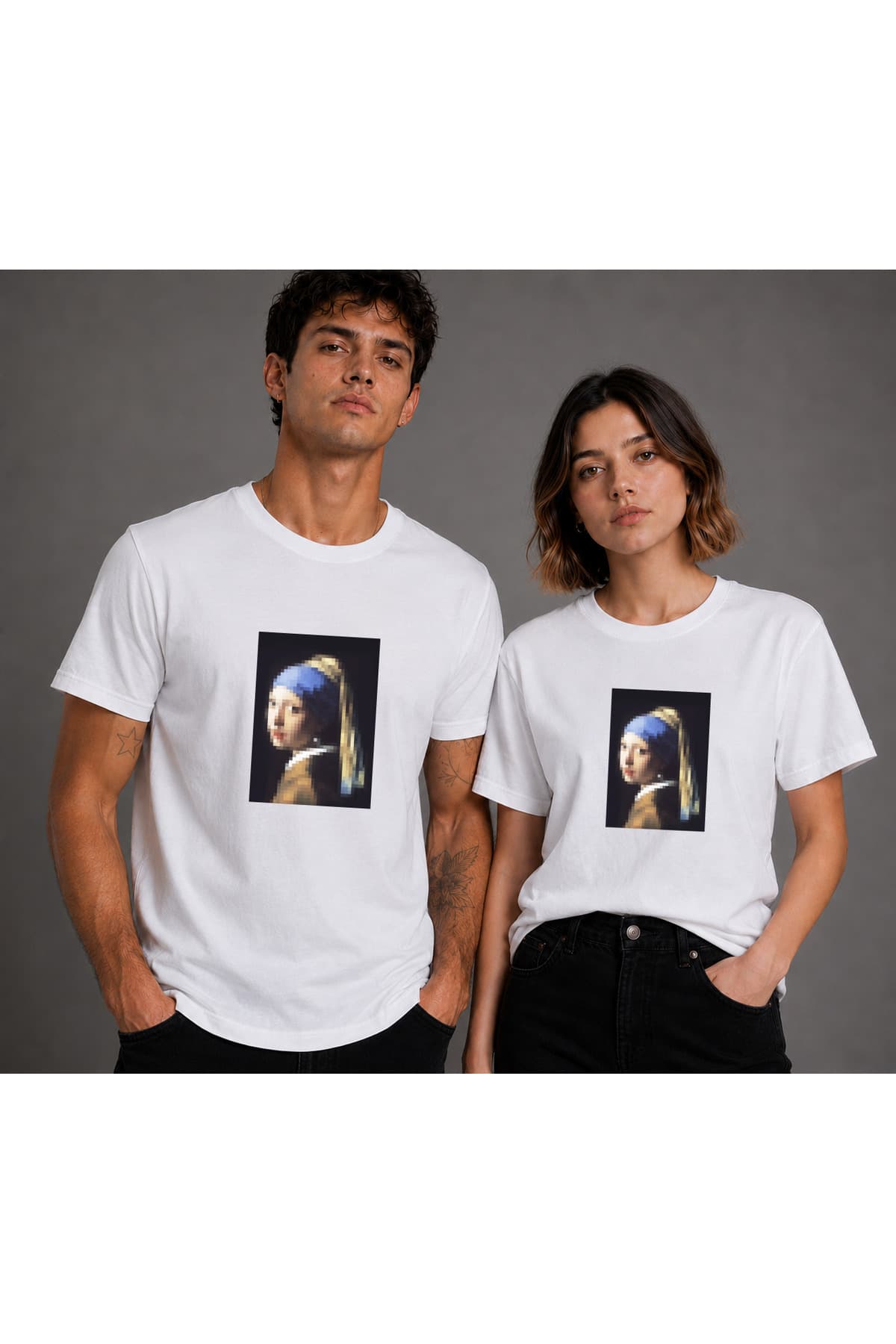 İnci Küpeli Kız Piksel Baskılı Basic T-Shirt Unisex %100 Pamuk