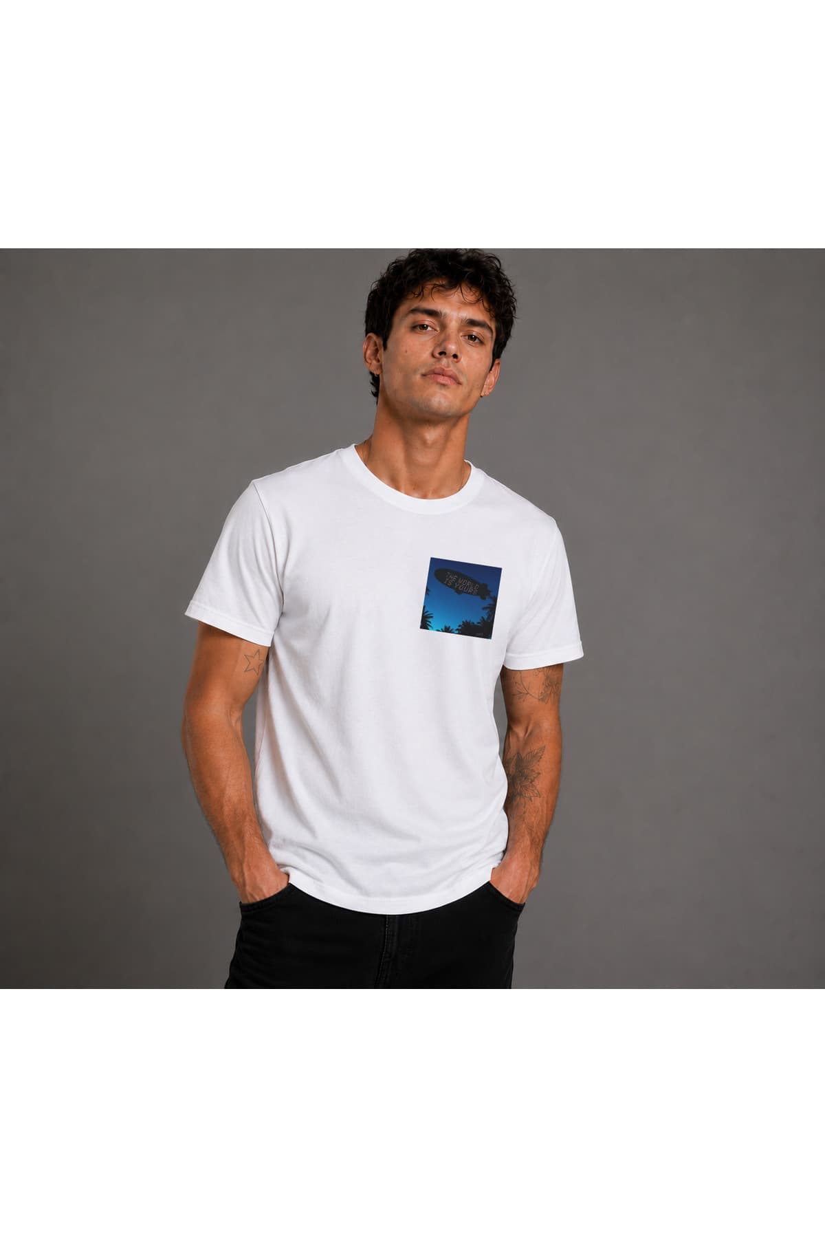 THE WORLD IS YOURS Zeplin Mavi Baskılı Basic T-Shirt Erkek %100 Pamuk