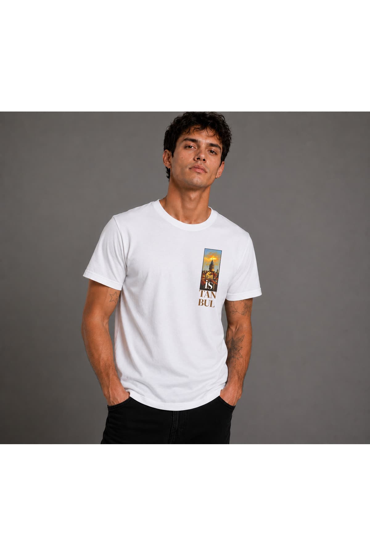 İstanbul Baskılı Basic T-Shirt Erkek %100 Pamuk