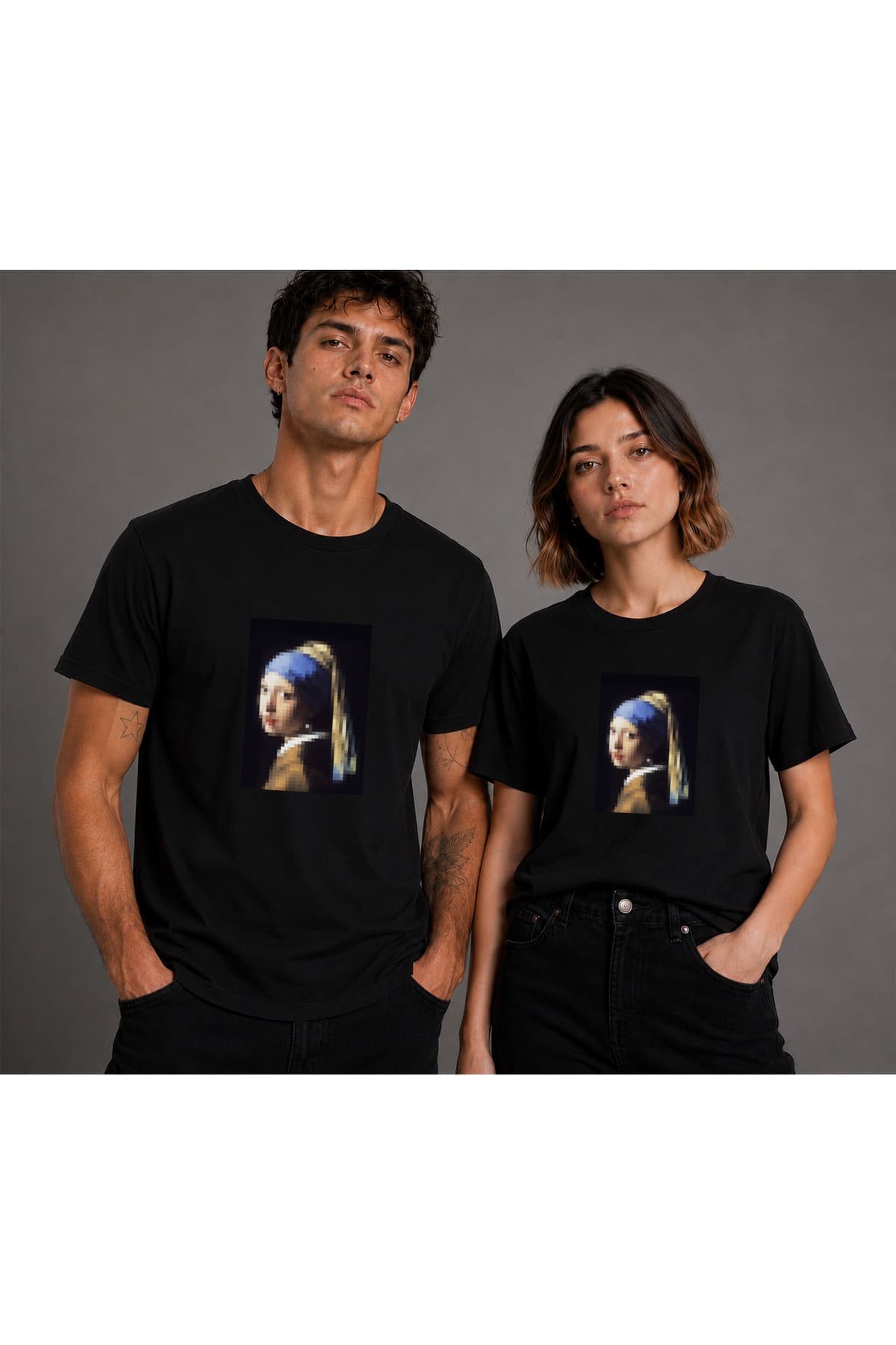 İnci Küpeli Kız Piksel Baskılı Basic T-Shirt Unisex %100 Pamuk