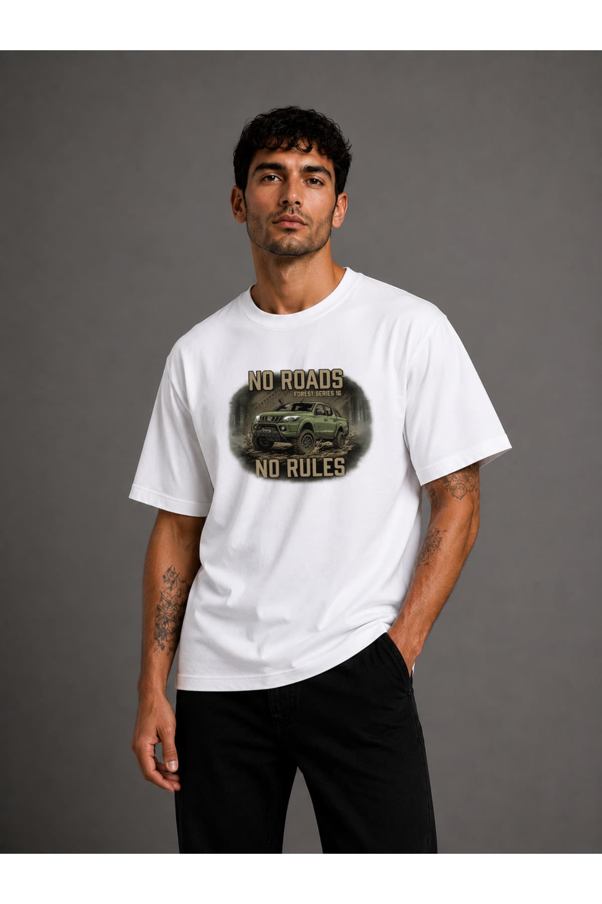 Arazi Aracı (Offroad) 4 Baskılı Oversize T-Shirt Erkek %100 Pamuk