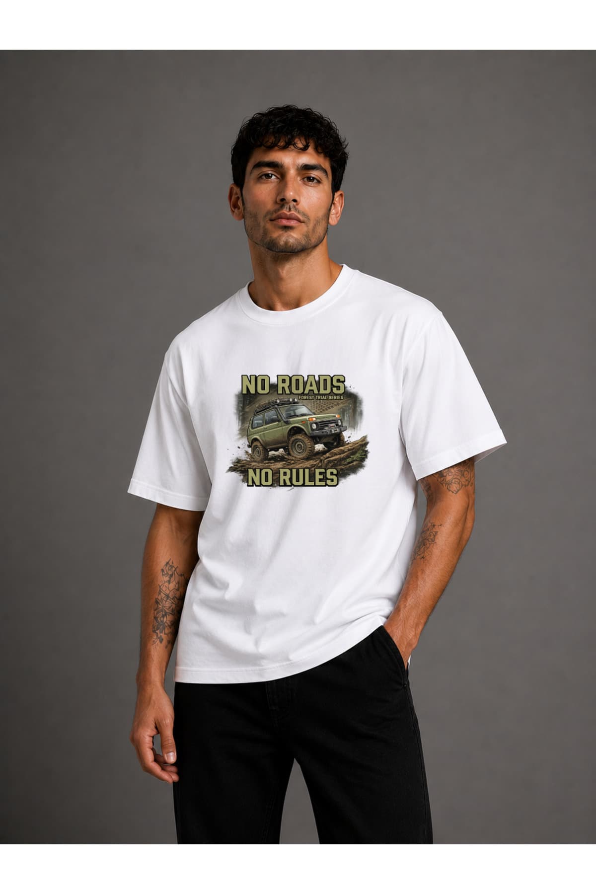 Arazi Aracı (Offroad) 2 Baskılı Oversize T-Shirt Erkek %100 Pamuk
